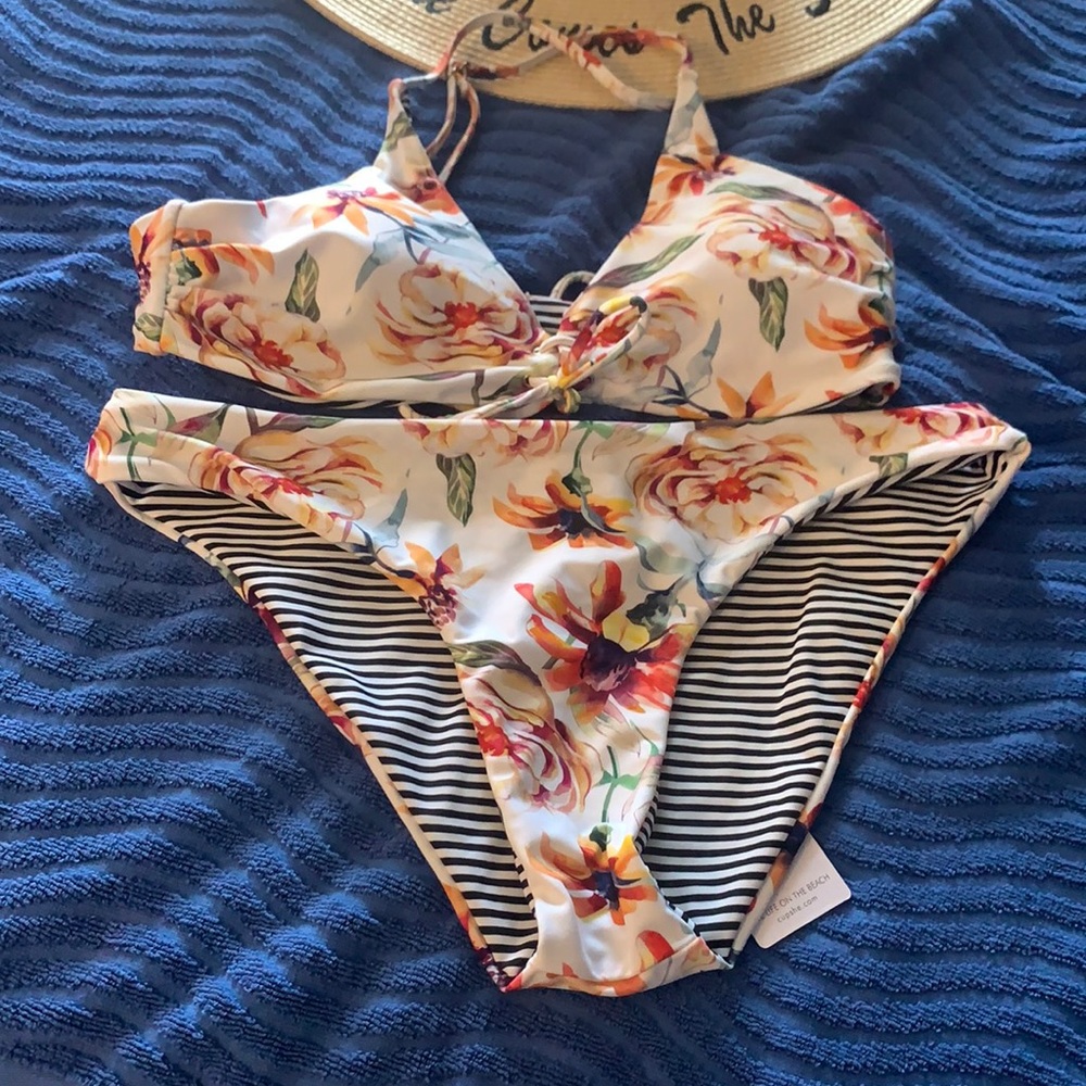 Cupshe Floral Bikini with Striped Detail